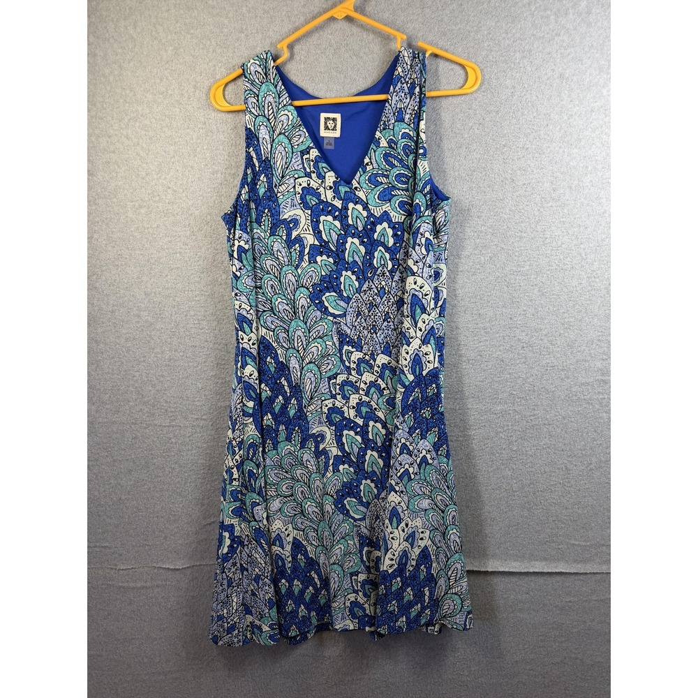 Anne Klein Dress Womens 6 Blue Paisley Sleeveless A-Line V Neck Stretch Summer